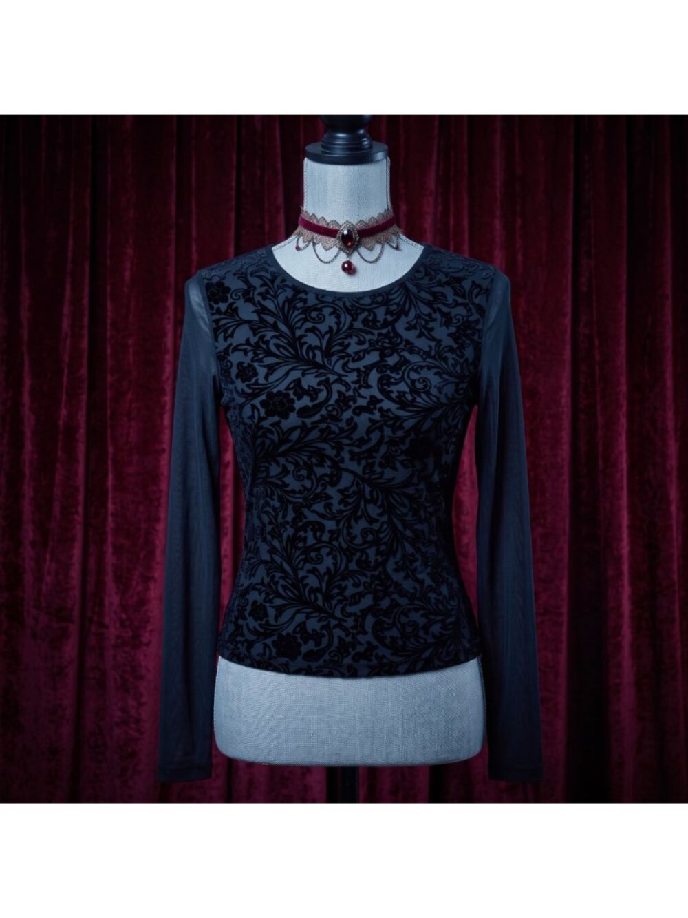 Forever 21 Black Velvet Flocked Sheer Mesh Blouse L Witchy Whimsygoth Grunge